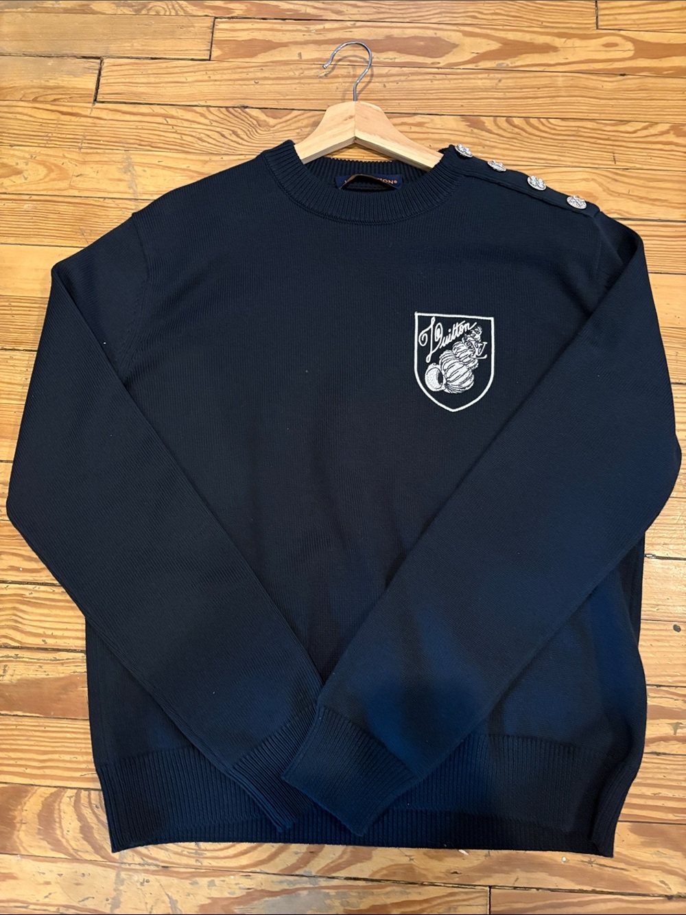 Louis Vuitton- Navy Blue Crewneck Sweater With Rhinestone Button Detail